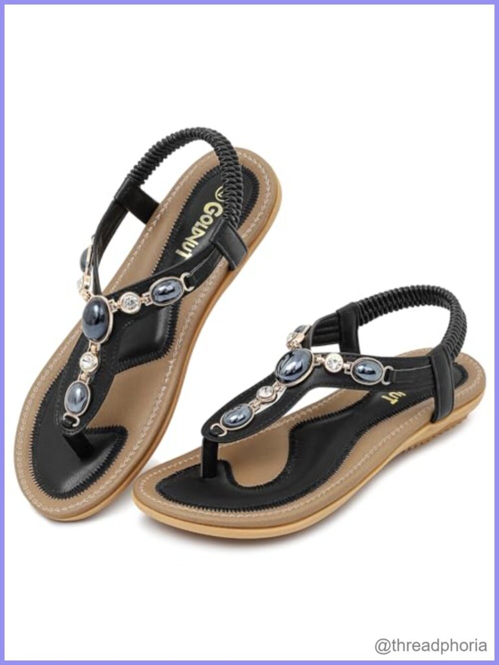 Women's Faux Leather T-Strap Flat Sandals Slip On Beaded Comfort